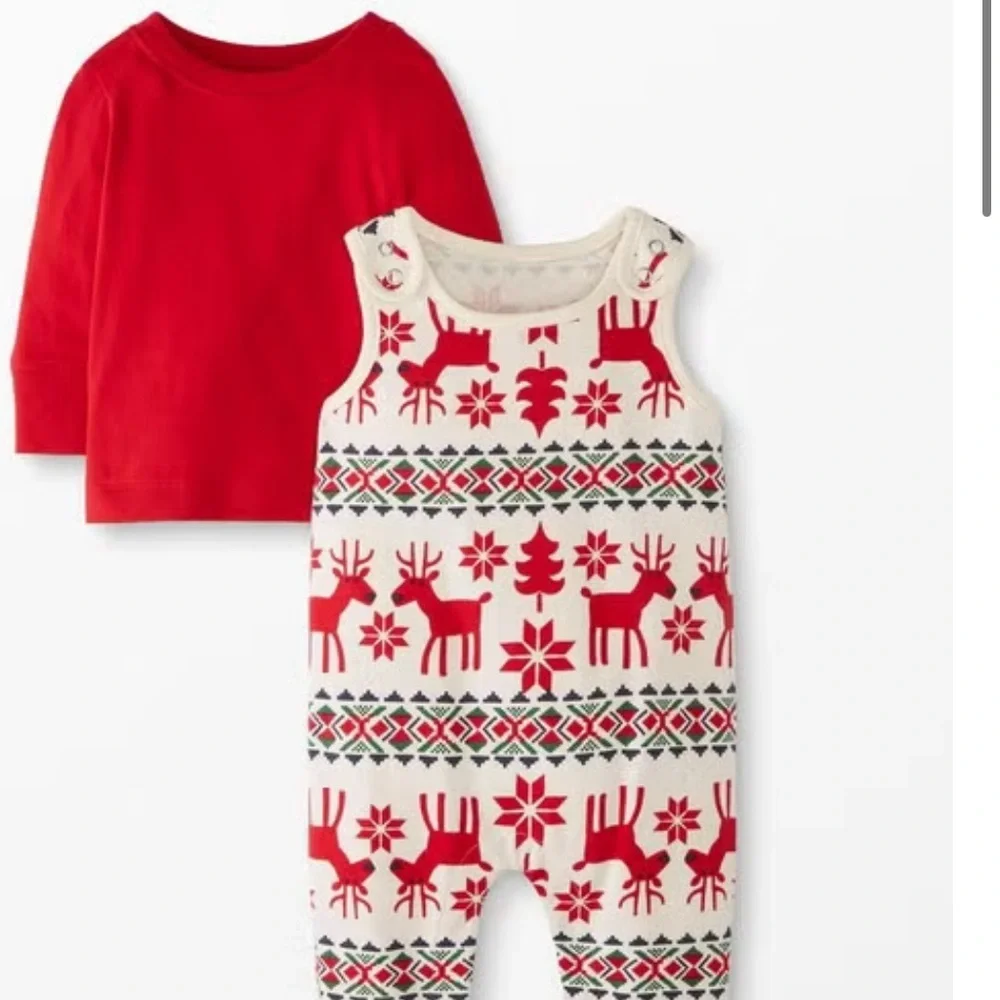 0-3m Hanna Andersson 2 Piece Reindeer Jumper and Red Shirt Baby Set